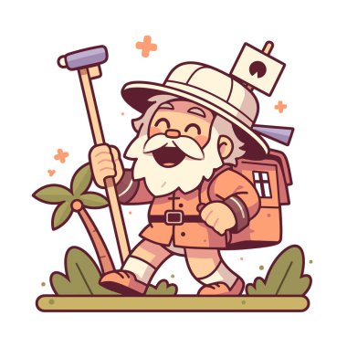 Sırt çantalı ve bastonlu Çizgi Film Gezgini Maceracı