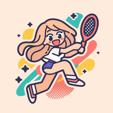 Neşeli Tenis Oyuncusu Çizgi Film İllüstrasyonu