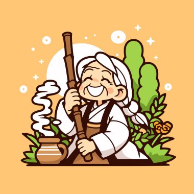 Bahçede Tütsü ve Bambu Asası Olan Mutlu Yaşlı Kadın