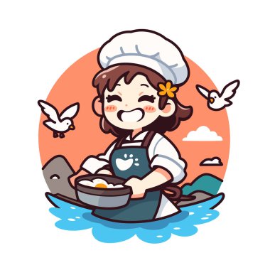 Şef deniz kenarında kızarmış yumurta pişiriyor. Kuşlar ve güneşle.