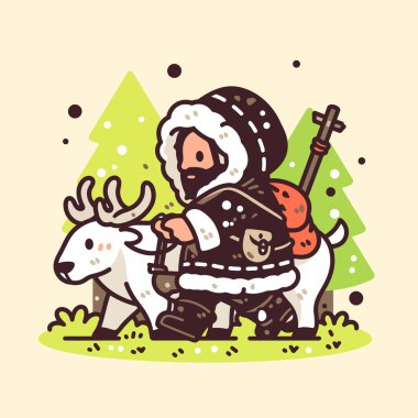 Eskimo gezgini kış manzarasında ren geyiği sürüyor..