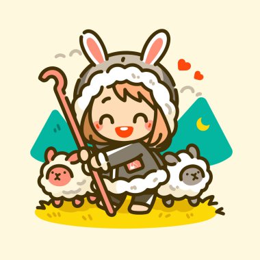 Tuhaf Çizgi Film Tarzı Koyunlu Şirin Çoban Kız