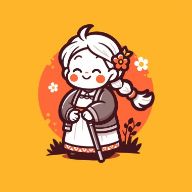 Saçları örgülü ve bastonlu sevimli çizgi film yaşlı kadın.