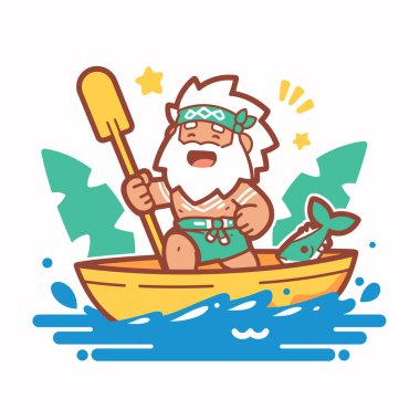 Yaşlı balıkçı kanosunda kürek çekiyor.