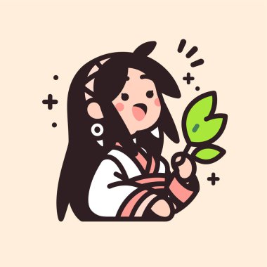 Chibi Tapınağı Bakiresi Yaprak Kawaii Anime Çizimi Tutuyor