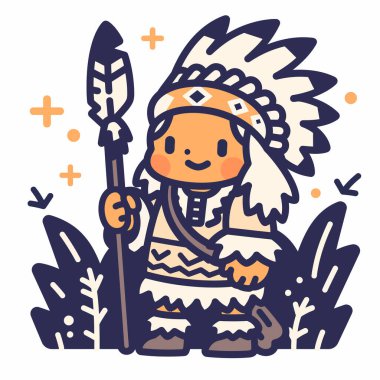 Başı ve mızrağı olan Amerikan Yerli Şefi çizgi filmi