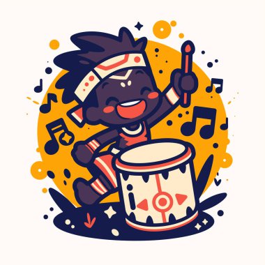 Neşeli bir ifadeyle davul çalan bir çocuğun karikatür çizimi