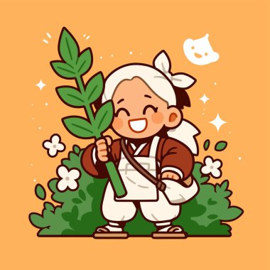 Sevimli Çizgi Film Tarzı Bitkisi Olan Neşeli Koreli Çiftçi