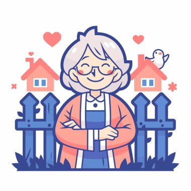 Neşeli yaşlı bir kadın evinin önünde gülümsüyor..