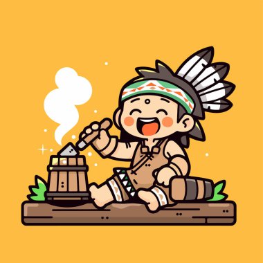 Chibi Amerikan yerlisi çocuk ottan yükselen dumanla yemek yapıyor.