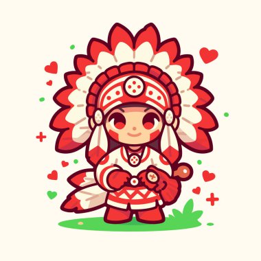 Geleneksel kostümlü sevimli çizgi film karakteri kız..