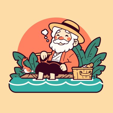 Eski ahşap bir bankta hasır şapkalı yaşlı adam.