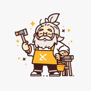 Şirin bir marangozun büyük bir balta tutuş karikatürü çizimi..