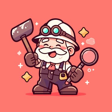 Baltalı gülen küçük oduncunun vektör karikatür çizimi. Elinde kürek tutan şapkalı bir çizgi film adamı..