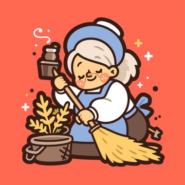 Süpürge ve süpürgeyle cadı kostümü giymiş şirin küçük kız.