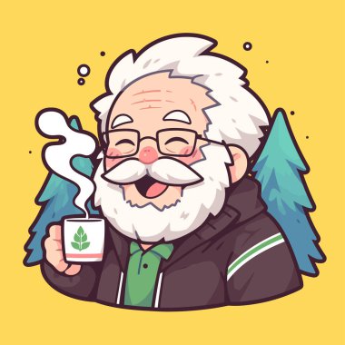 Elinde bir fincan çay tutan mutlu bir adamın çizimi. vektör karikatür karakteri. Elinde kupa ve yaprak olan bir adam..