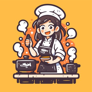 Genç Asyalı kadın restoranda yemek pişiriyor. Yemek konsepti. Vektör çizimi. düz çizgi film biçimi