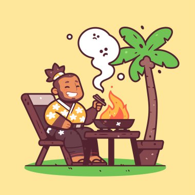 Afrika kökenli Amerikalı bir çocuk elinde bir ateşle sahilde oturmuş bira içiyor.