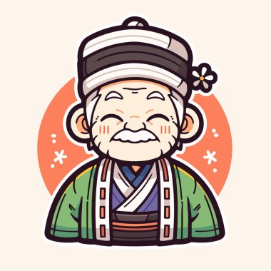 Geleneksel Giyimli ve Çiçekli Neşeli Çizgi Film Yaşlısı Adam