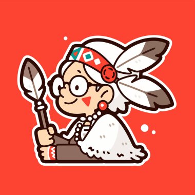 Tüylü Başı ve Mızrağı olan Amerikan Yerlisi Çizgi Filmi