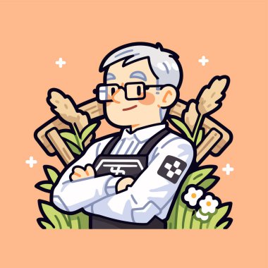 Gülümseyen Yaşlı Çiftçi Buğday ve Çiçeklerle