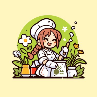 Çiçek bahçesinde Neşeli Aşçı Pişiriyor