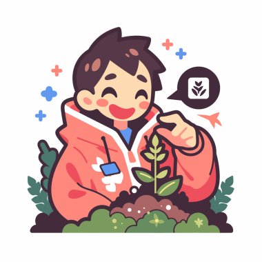 Çocuk filizleniyor, elinde yeni bitkiyle mutlu.