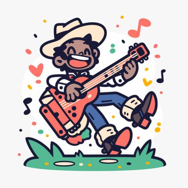 Neşeli müzisyen notalarla gitar çalıyor.