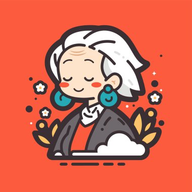 Beyaz saçlı ve mavi küpeli gülümseyen yaşlı bir kadının şirin çizgi film portresi.