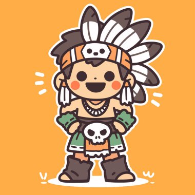 Kurukafa Motifli Geleneksel Giyimli Amerikan Çocuğu Çizgi Filmi