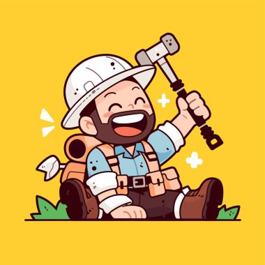 Çekiç ve Sırt çantalı Mutlu Çizgi Karakterler