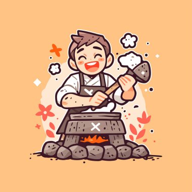 Neşeli mochi şefi geleneksel Japon pirinç keki hazırlıyor.