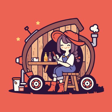 Gezici bir evde çiftçi kız, açık hava manzarası çizimi.