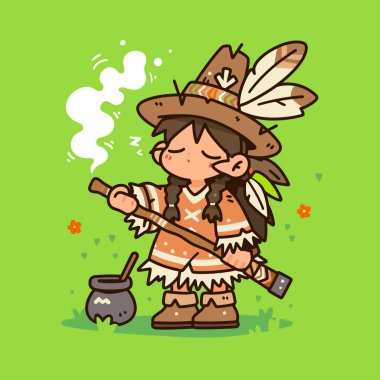 Amerikan yerlisi şirin bir çocuk pipo içiyor.