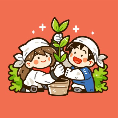 İki neşeli insan birlikte ağaç dikiyorlar.