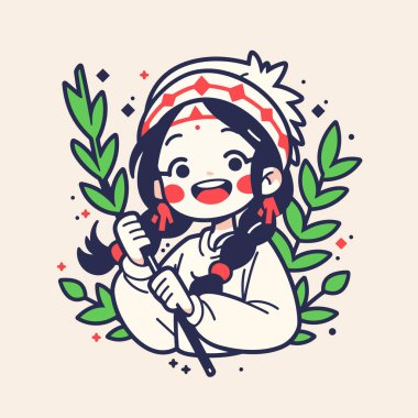 Saçları örgülü, geleneksel giysileri olan, yapraklarla çevrili sevimli bir çizgi film kızı.