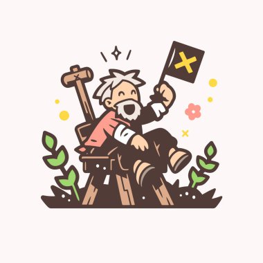 Oturan ve Bayrak Sallayan Mutlu Yaşlı Adam Çizgi Film Çizimi