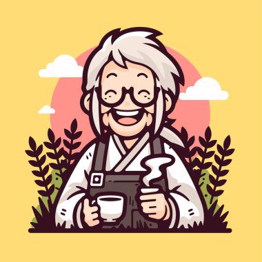 Kahve fincanı ile Mutlu Kafe Sahibi