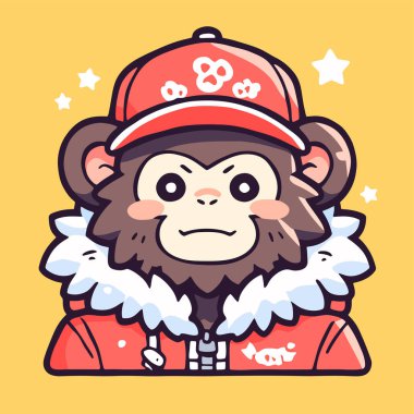 Kırmızı Şapka ve Ceket Giyen Sevimli Çizgi Maymun