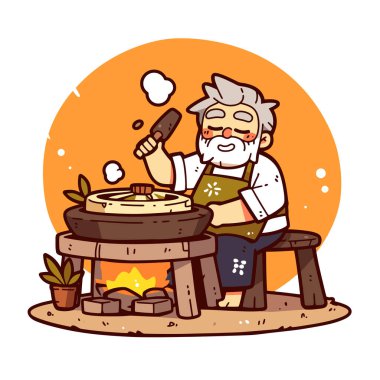 Aşçı ocakta yemek pişiriyor.