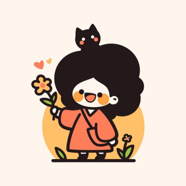 Elinde turuncu elbiseli bir çiçek tutan siyah kedili kız.