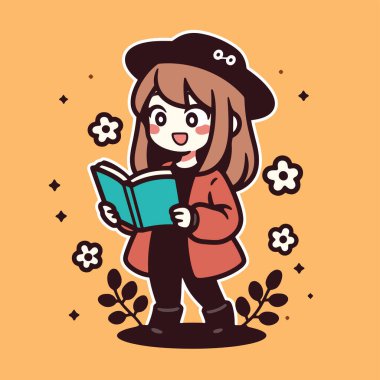 Sevimli çizgi kız bir kitap okuma