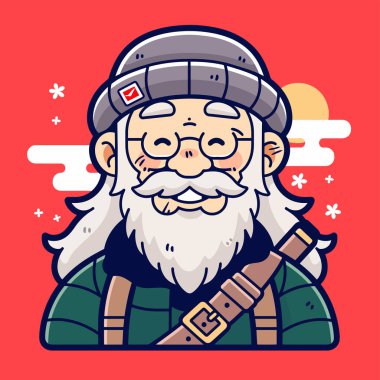 Uzun beyaz sakallı, gözlüklü ve bereli hippi Noel Baba.