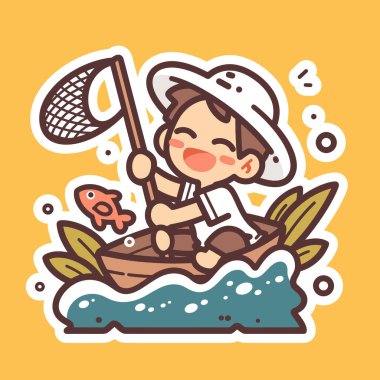 Mutlu çocuk teknede balık tutuyor.