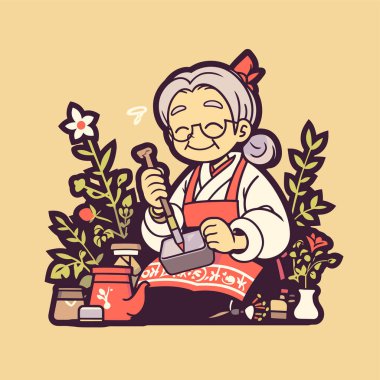 Büyükanne bahçede şifalı otlar hazırlıyor.