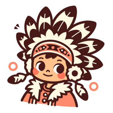 Tüylü bir başlık takan Amerikan yerlisi bir çocuğun büyüleyici bir çizimi..