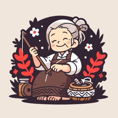 Büyükanne mutfakta yemek pişiriyor.