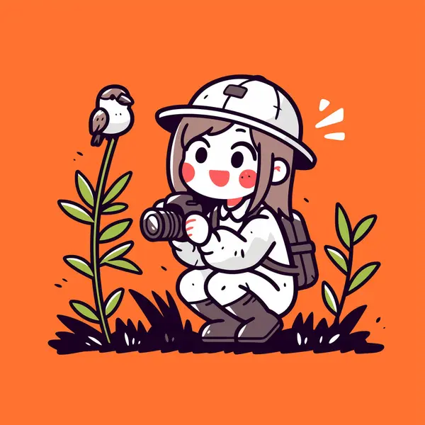 Kuş gözlemcisi kız bir kuşun fotoğrafını çekiyor.