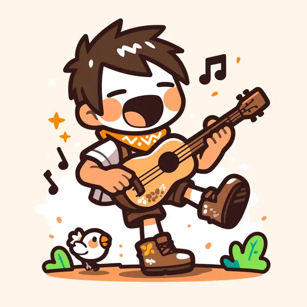 Mutlu Çocuk Ukulele Çalıyor ve Kuşla Şarkı Söylüyor