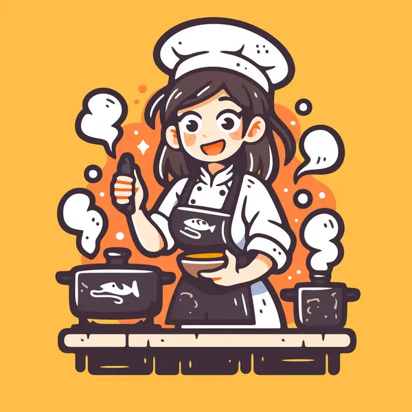 Genç Asyalı kadın restoranda yemek pişiriyor. Yemek konsepti. Vektör çizimi. düz çizgi film biçimi